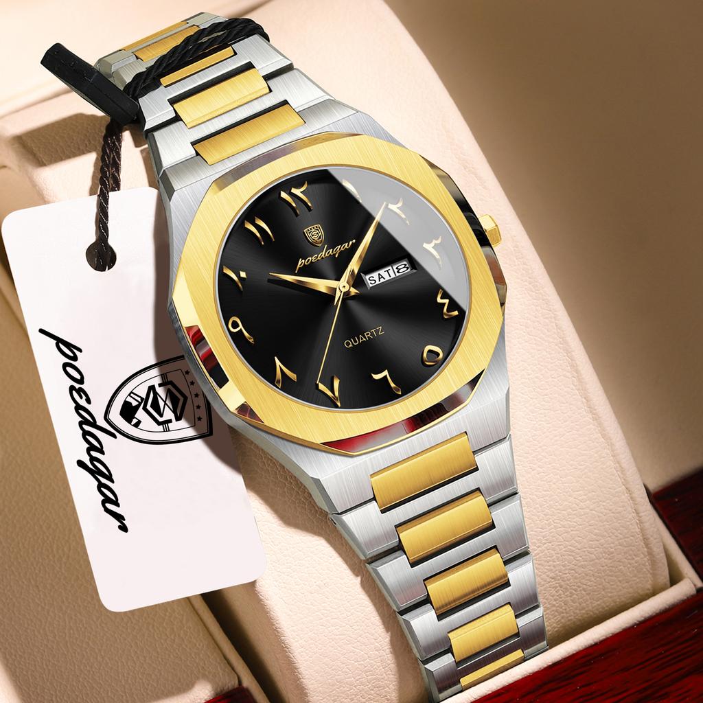 POEDAGAR Elegant Woman Clock Date Week Waterproof Casual Ladies Wristwatch Quartz Stainless Steel Fashion Watches