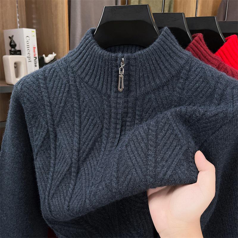 Men's High-Grade Thick Knit Half-Zip Stand Collar Pullover for Autumn/Winter