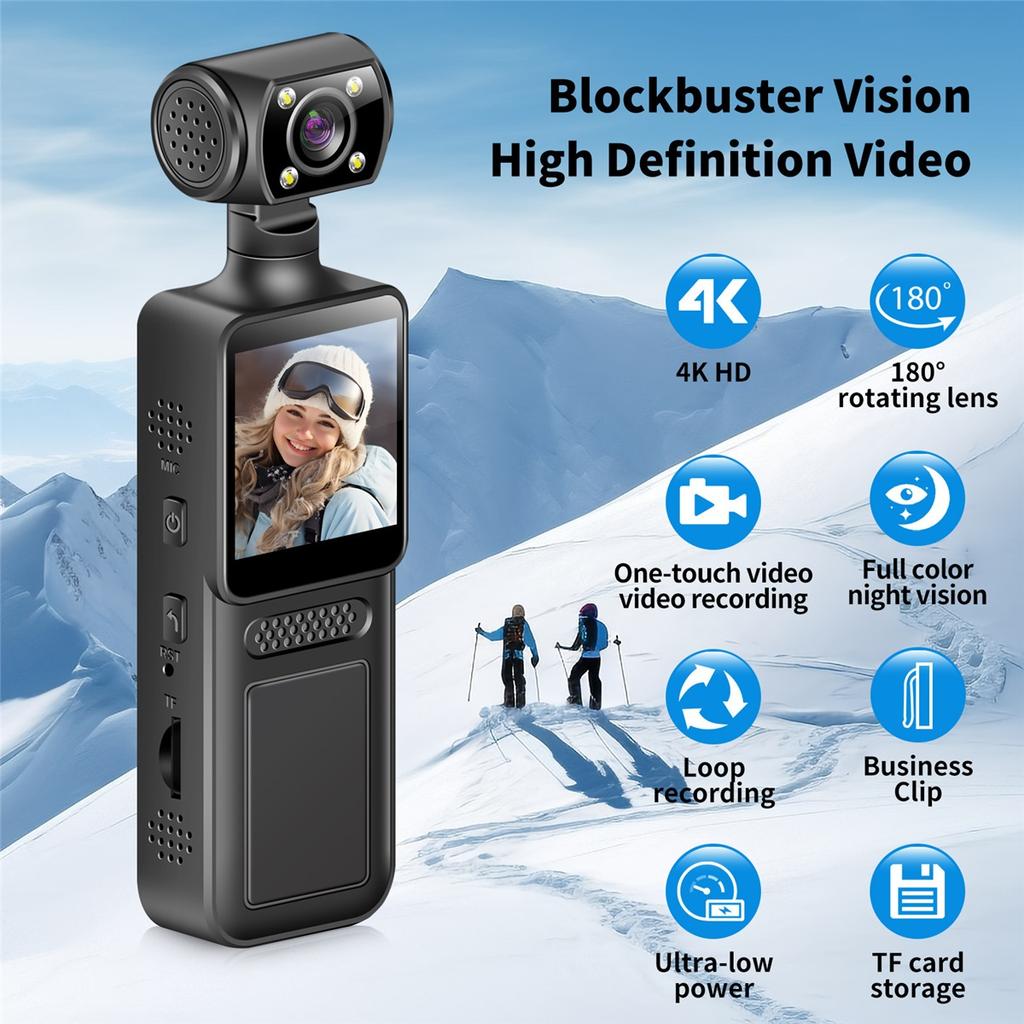 M12 4K HD Handheld Pocket Camera 180 ° Rotating Mini Portable Camera Wearable Night Vision Qutdoor Sports Camera