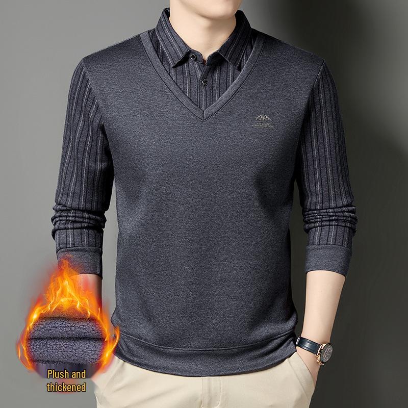 Men's Winter Striped Knitted Sweater - Faux Two-Piece with Turn-Down Collar, Fleece Lined