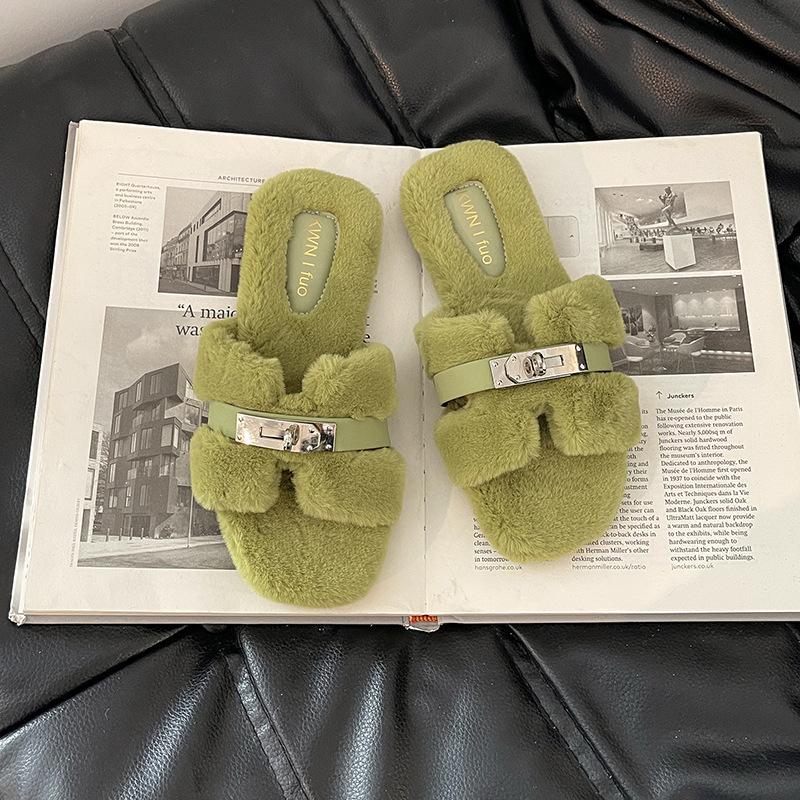 2025 Autumn and Winter Fashion Simple Belt Buckle Internet Celebrity Fluffy Slippers Women Wear Casual Thick-soled One-word Cotton Shoes