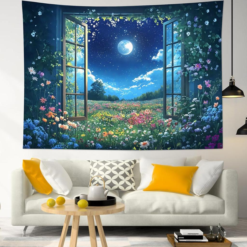 Moon Over Ocean TapestryNight Sky Tapestry Wall Hanging3D Fantasy Psychedelic Watercolor Wall Art for Bedroom Living Room Dorm