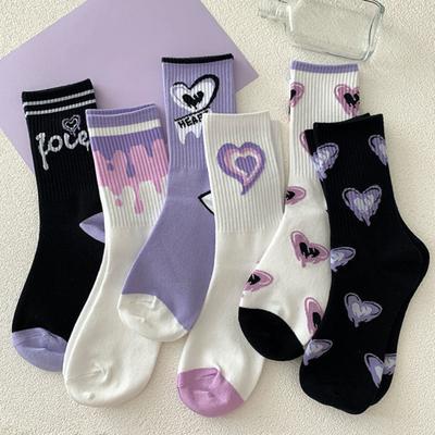 1 Pair Mid-calf Socks Korean Heart Embroidery Kawaii Hip Hop Color Matching Anti-slip Soft No Odor Sweat Absorption Lady Four Seasons Sports Socks