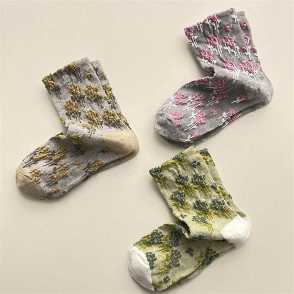 5Pairs Breathable Mid Tube Socks Patchwork Retro Socks Comfortable Floral Short Socks  Spring