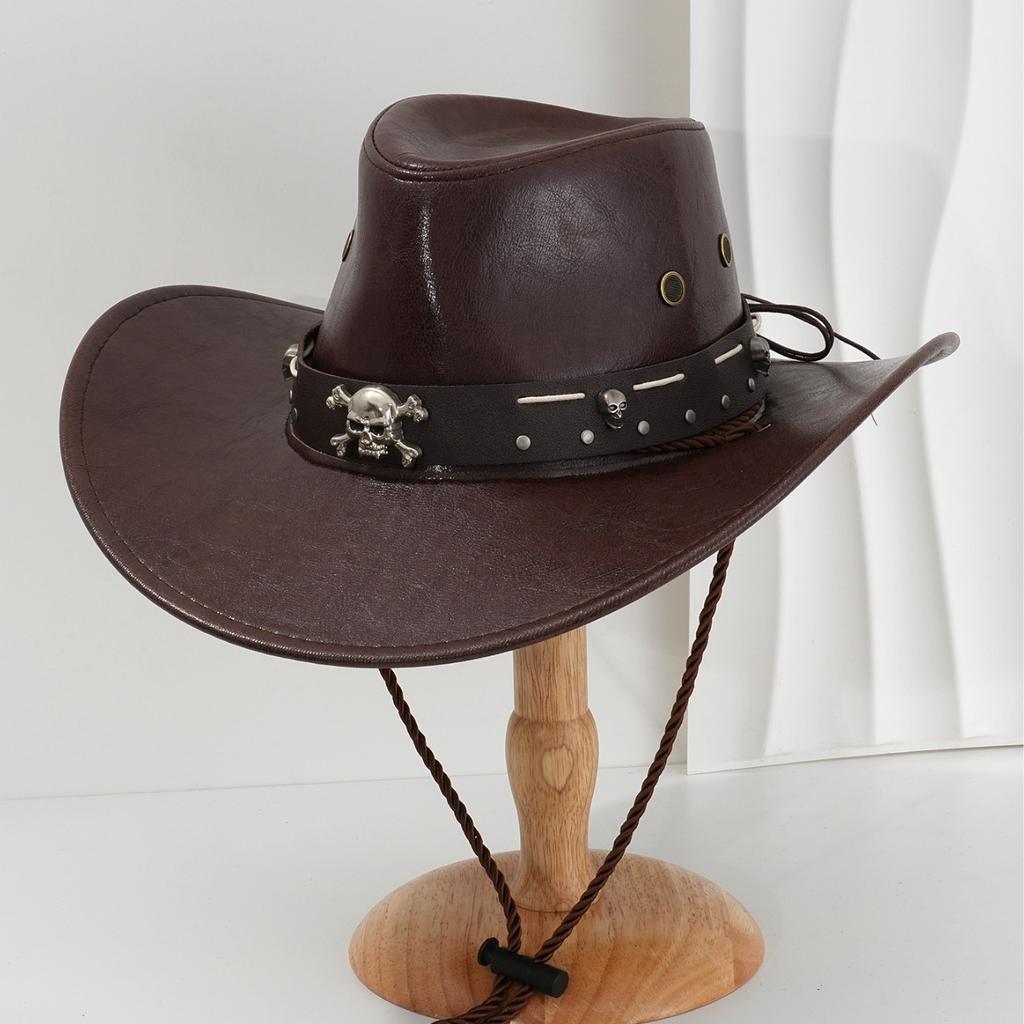Popular Men's and Women's PU Leather Cowboy Hats, Unique Three-dimensional Skull Rivets with Willow Nail Ropes, Fun for Birthday Parties