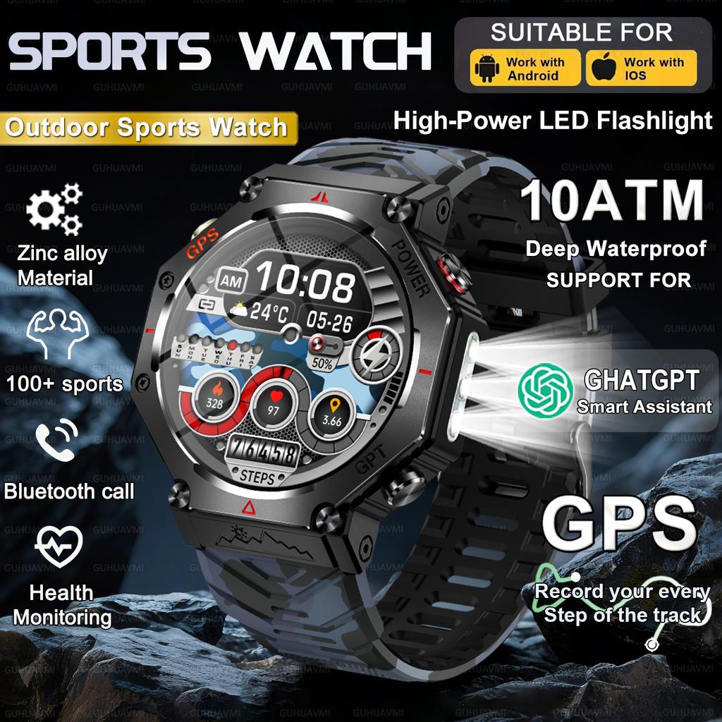 New Bulit-in GPS Outdoor Smart Watch Men Flashlight compass BT call Heart rate 10ATM Waterproof  Sports Smart watch