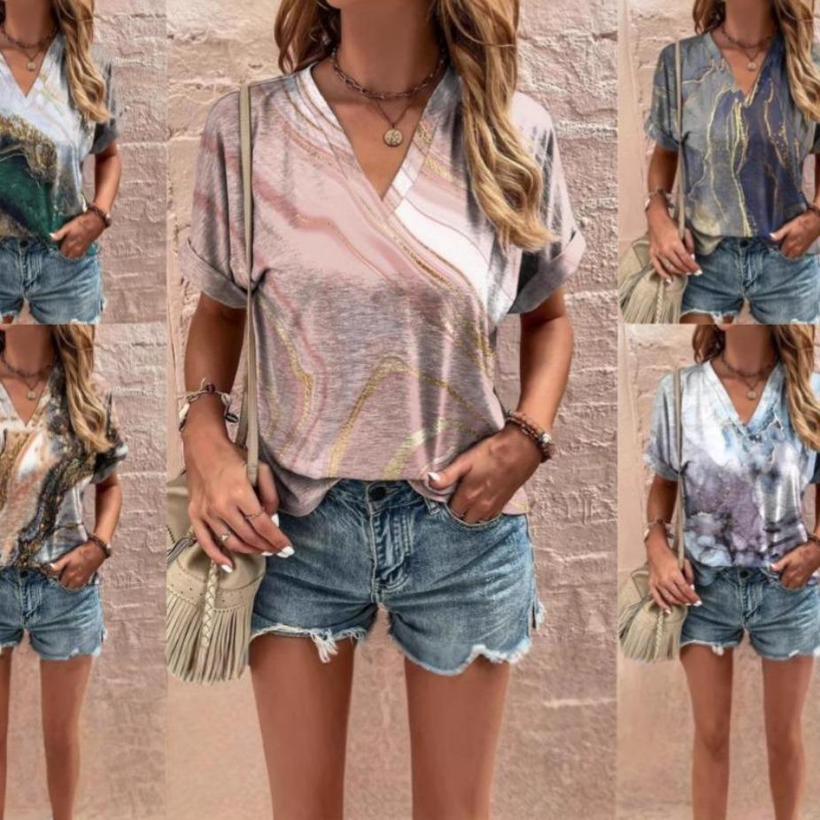 V-Ausschnitt Damen T-Shirt mit floralem Druck Damenbekleidung Kurzarm T-Shirts