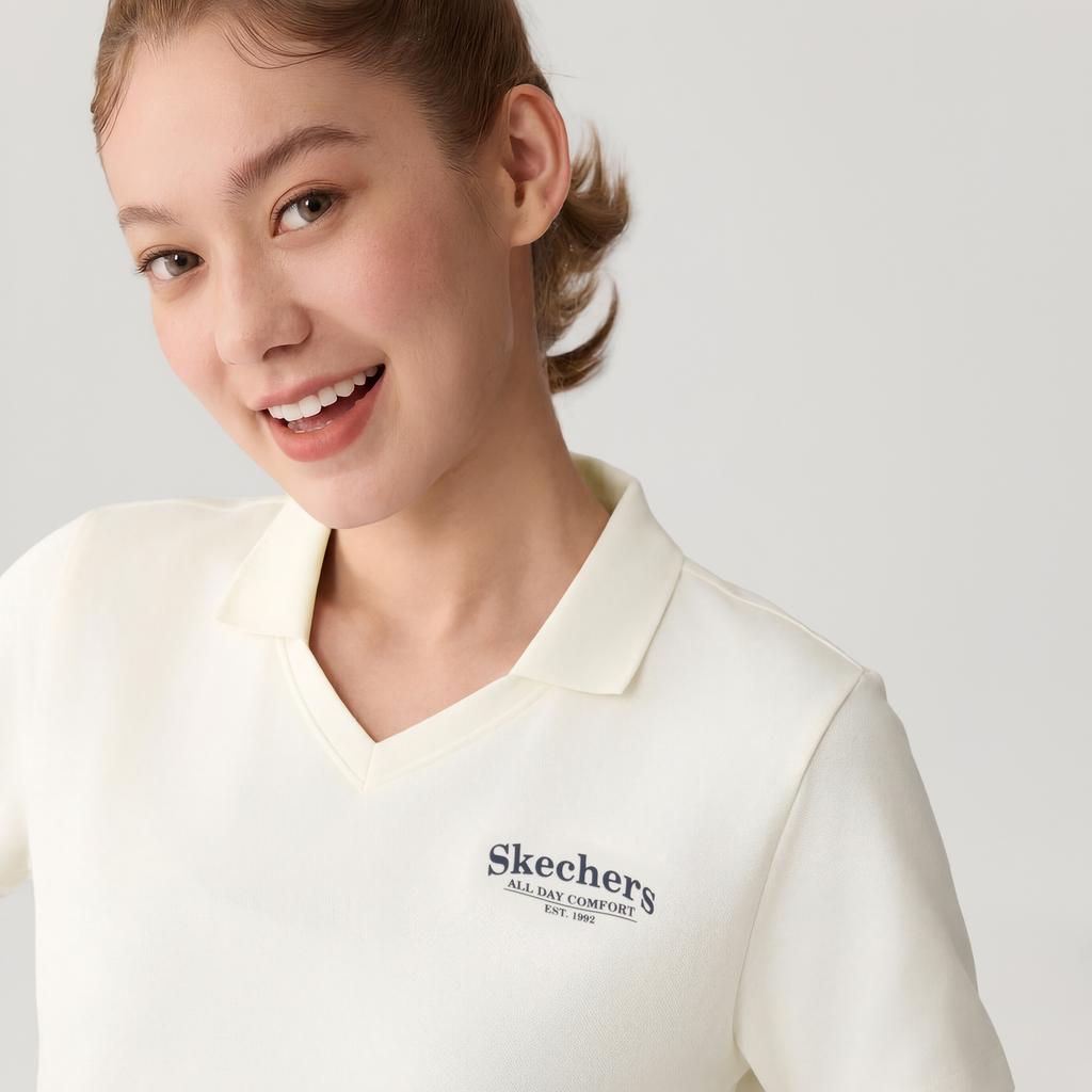 Skechers Solid Color V-Neck Short Sleeve Polo Shirt Women Tops L226W141-0074