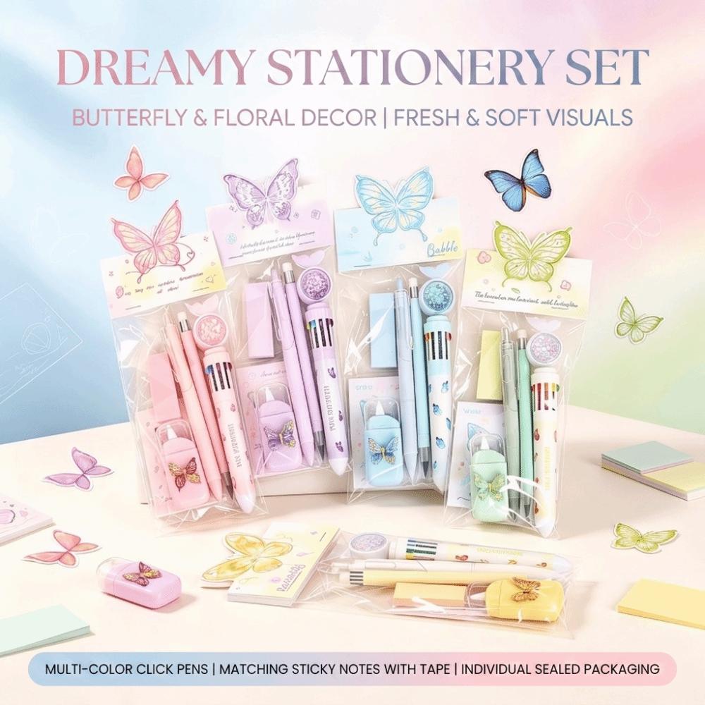 Retractable Gel Pens Butterfly Stationery Set Everlasting Pencil Correction Tape School Supplies Kit Aesthetic Sticky Notes