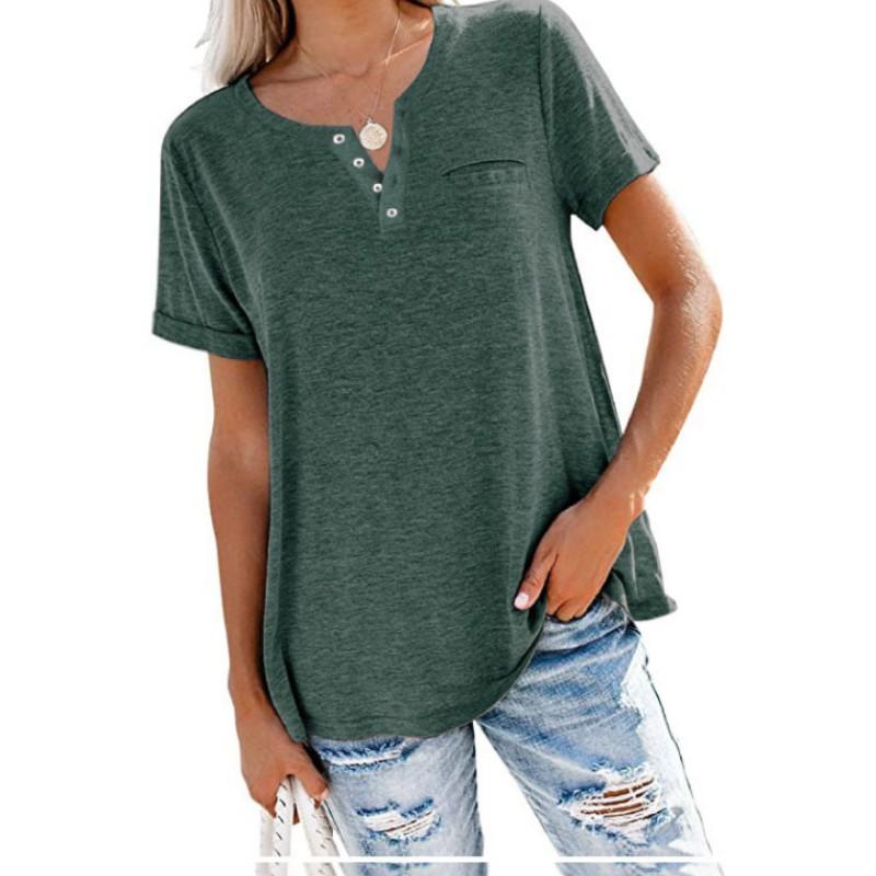 Spring Summer Style Jacket V-neck Short Sleeve Pocket Loose T-shirt Woman