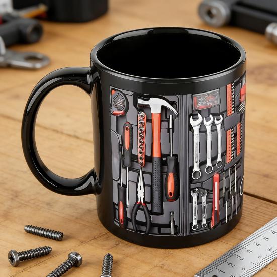Toolbox Coffee Mug Mechanical Tool Box Mug Ceramic Double-sided Print Ergonomic Handle Cup Microwave Dishwasher Safe Gift for Mechanics Car