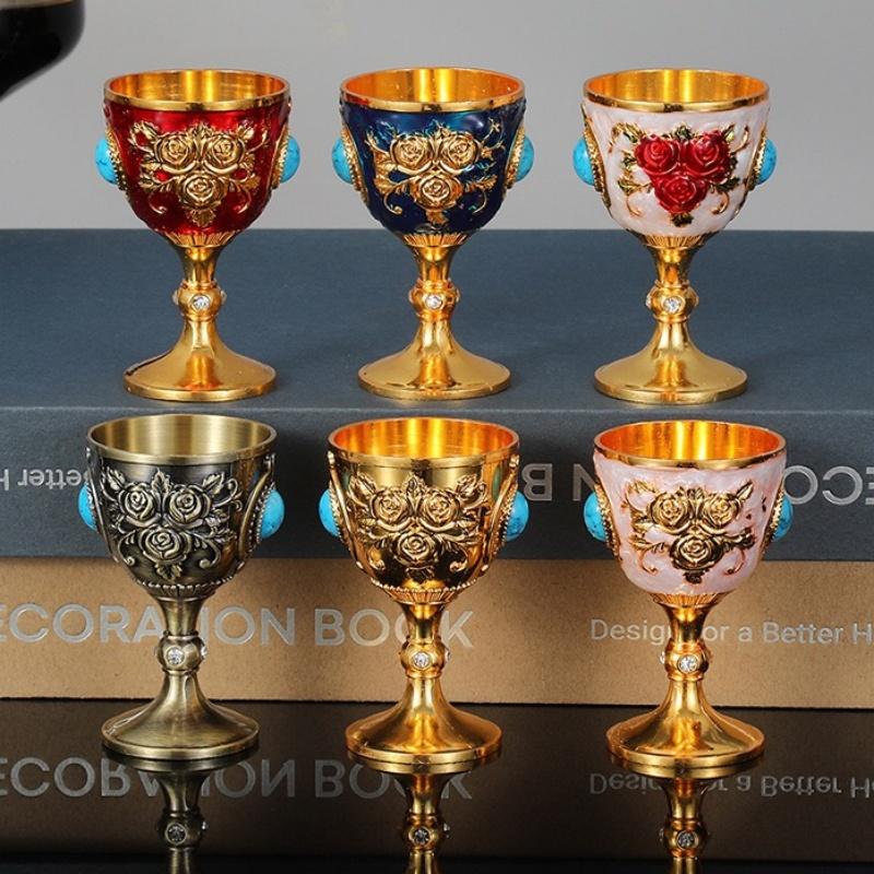European Vintage Wine Glass, Rose Design Goblet, Alloy Portable White Wine Glass, Carved Mini Spirits Vodka Glass, 30ml,1pcs