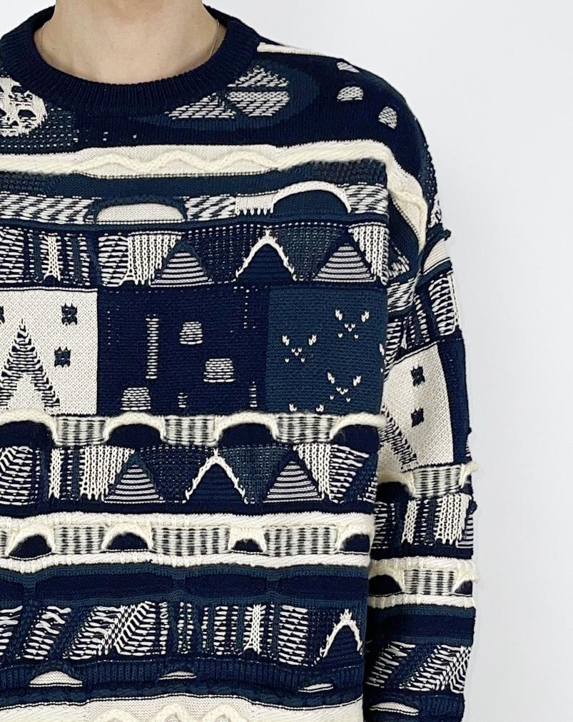 A MADE Pattern Mix Oversized Knit Sweater (Cream Navy)