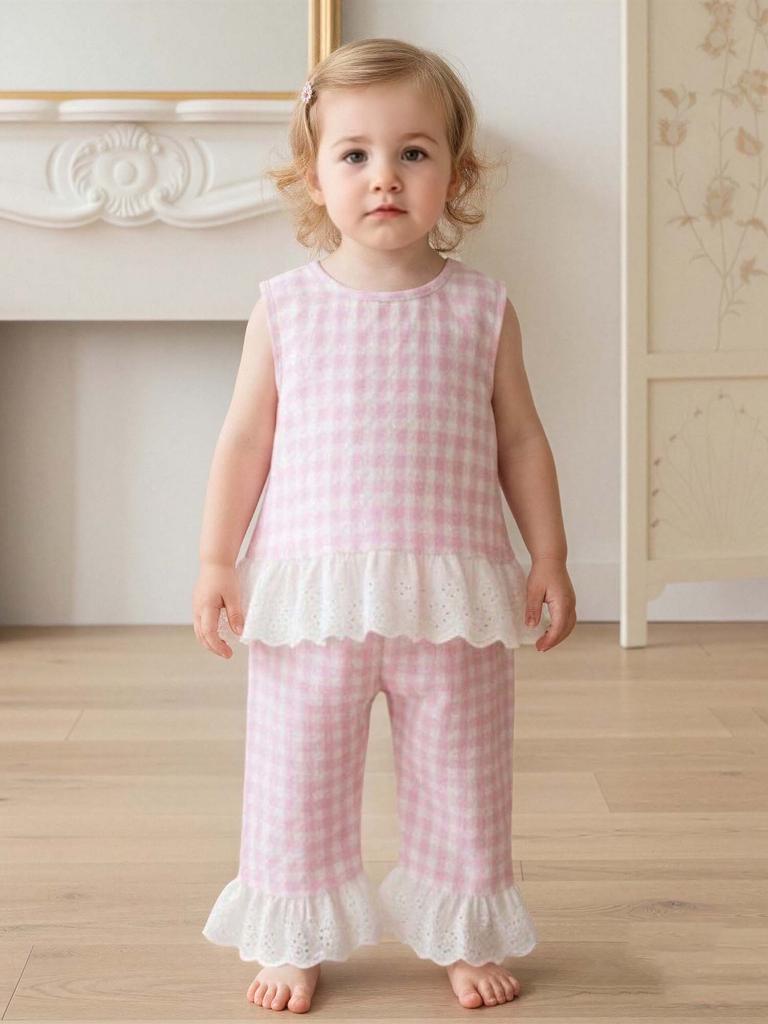 Summer Countryside Style Infant Baby Girls Clothing Set Sleeveless Top with Plaid Long Pants Retro Lace Butterfly Two Piece Outfit