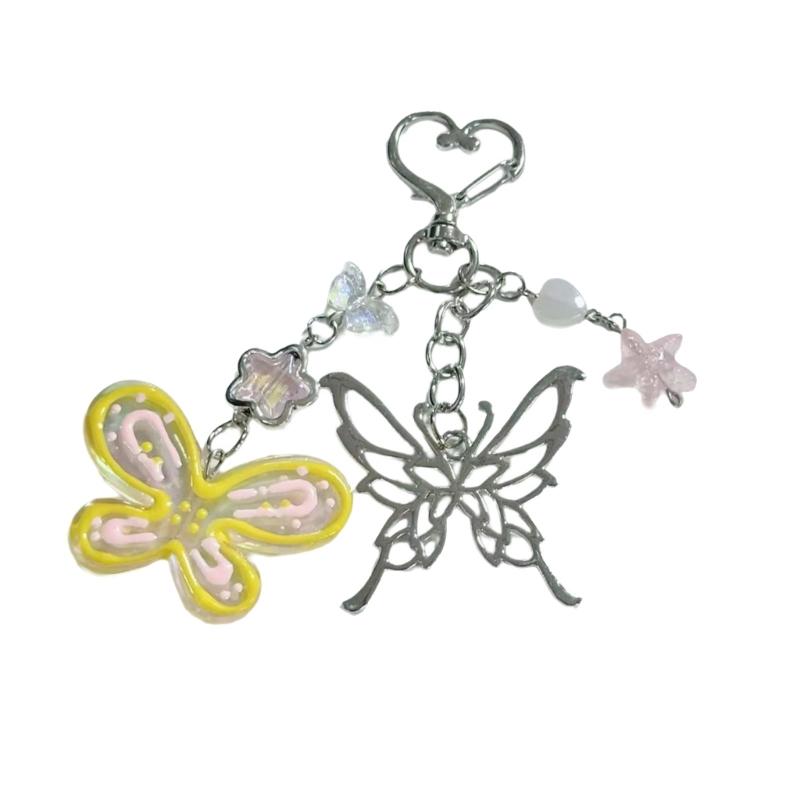 Hand Painted Butterfly Beaded Keychain For Bag Charm Spring Theme Double Tone Sparkling Jewelry Phone Accessory