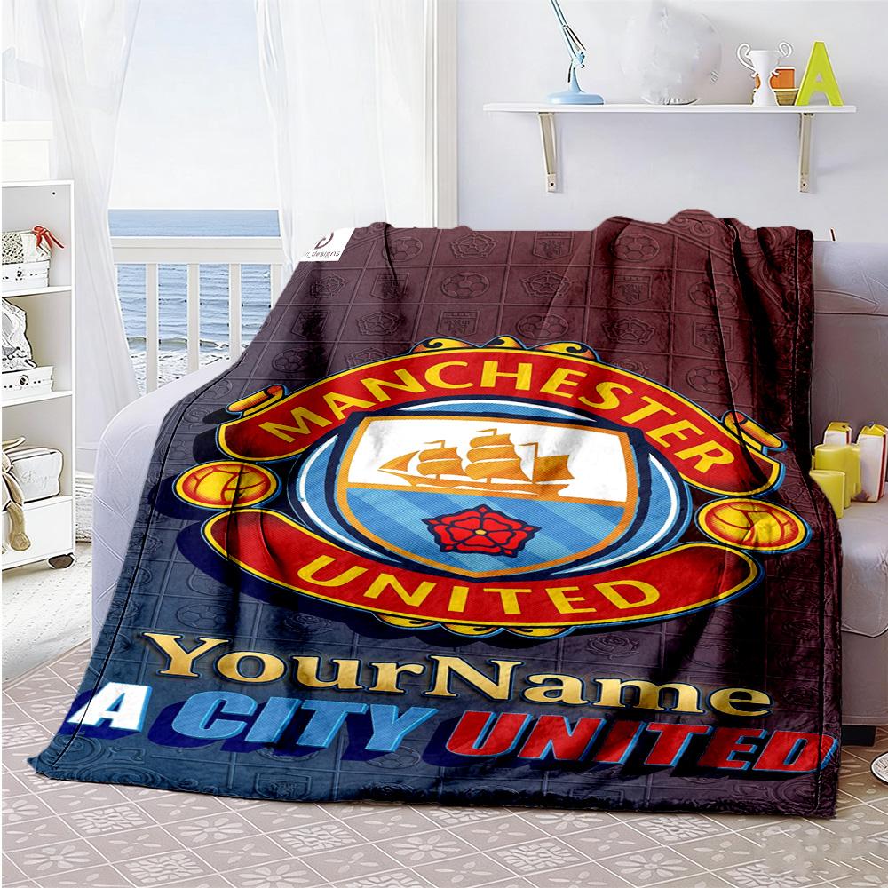 Manchester City Personalized Name Blanket Lightweight Personalized Blanket Comfortable Versatile for Picnics Nap Seaside Bedding Four Seasons Universa