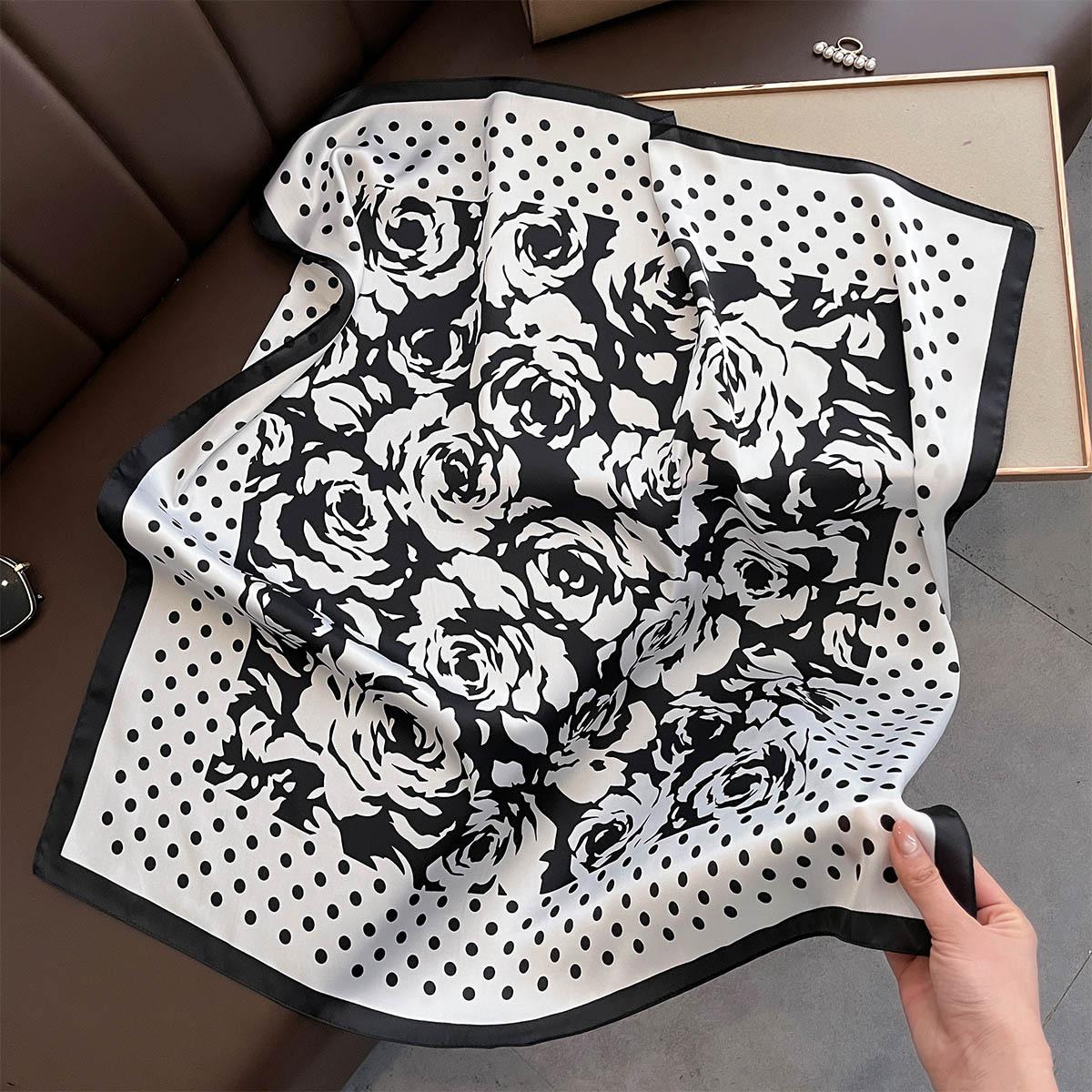 

Luxury Polka Dot Camellia Flower Scarves Soft Satin Square 70*70cm Scarves Neckerchief Women Shawls Hijab Scarf 70X70cm