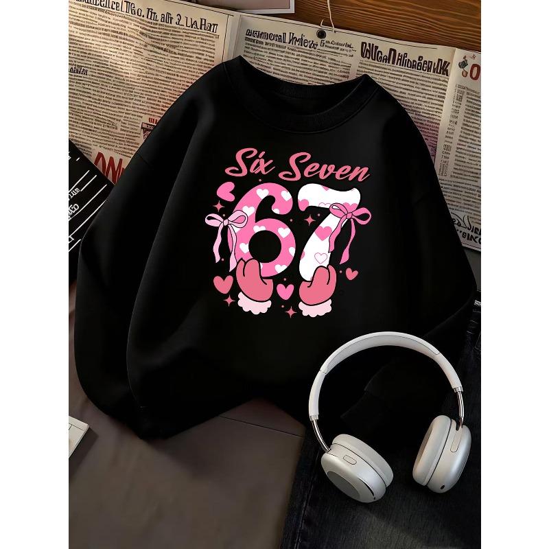 Kids Girls Crewneck Sweatshirt, Cute Pink Bow Heart Number 67 Six Seven Print Long Sleeve Pullover, Birthday Sweatshirt For Kids Over 4 Years Old