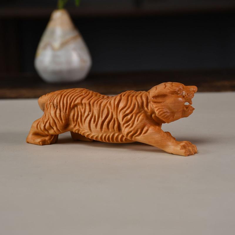 Wood Carving Tiger Baby Sculptures and Figurines Chinese Characteristic  Home Room Office Table Decoration and Accessories