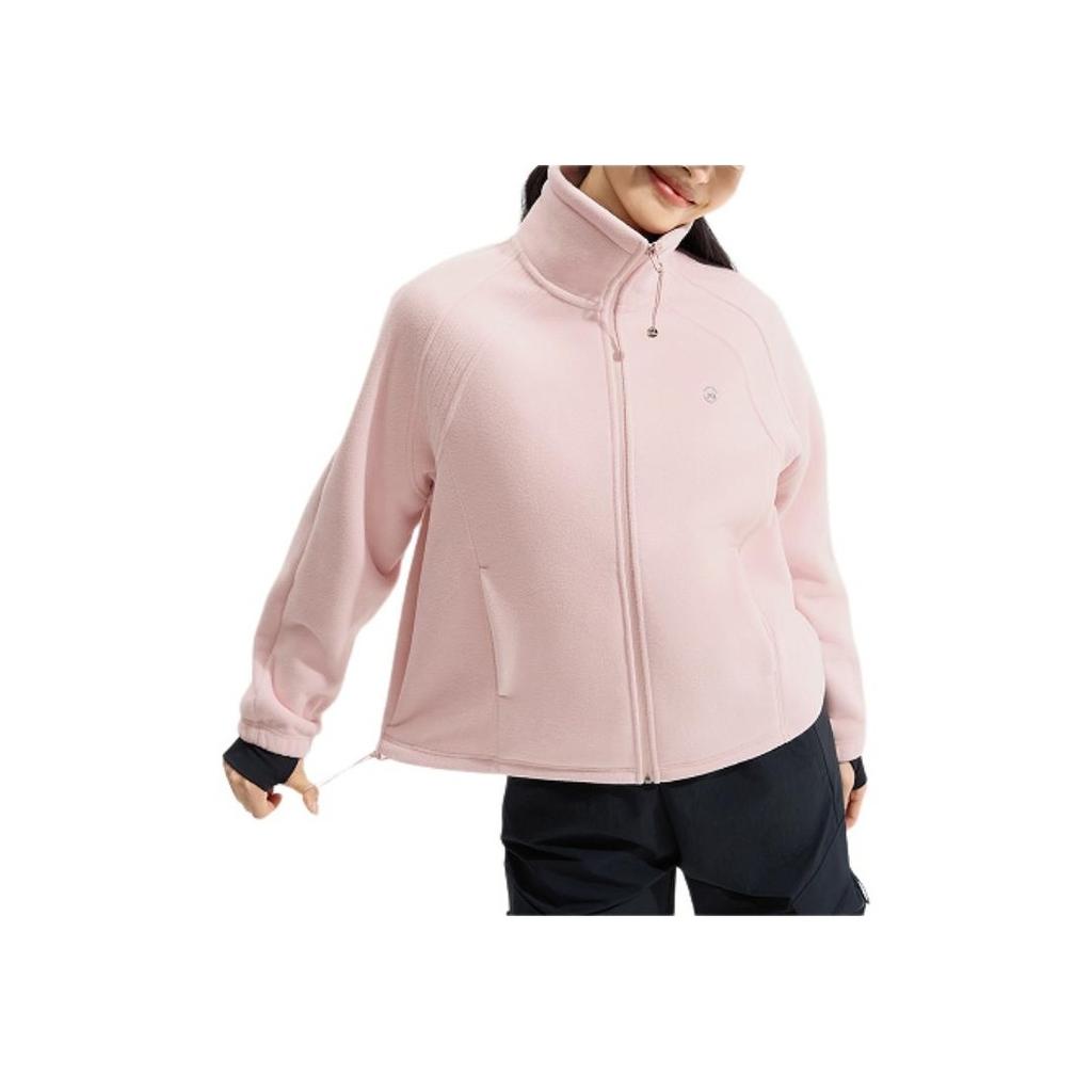 Li-Ning Fitness Series Infrared Warm Anti-Static Stand Collar Casual Loose Fleece Shoulder Dopamine Sweatshirt Women sweatshirt Light-Pink AFDU934-5