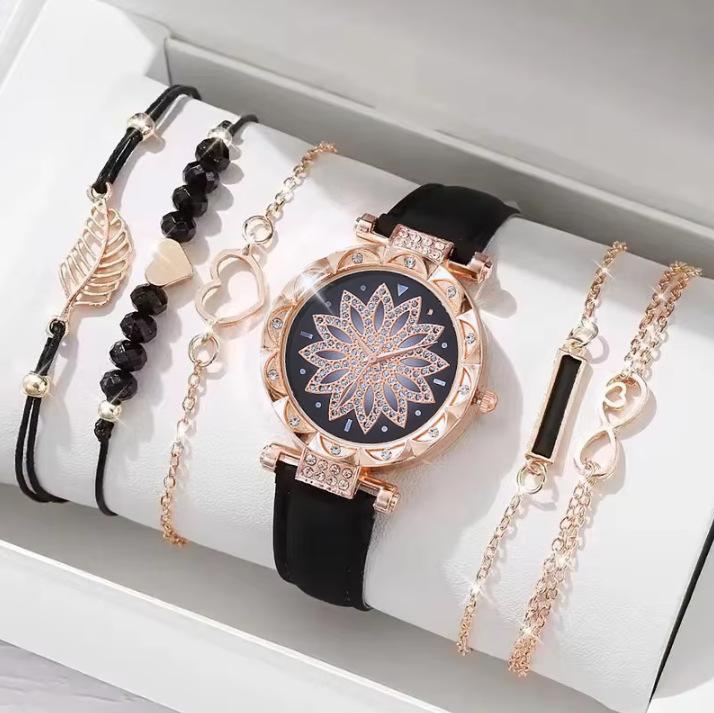 New Ladies Diamond Dial Belt Quartz Watch Beaded Bracelet Set 6Pcsset Chronograph Watch