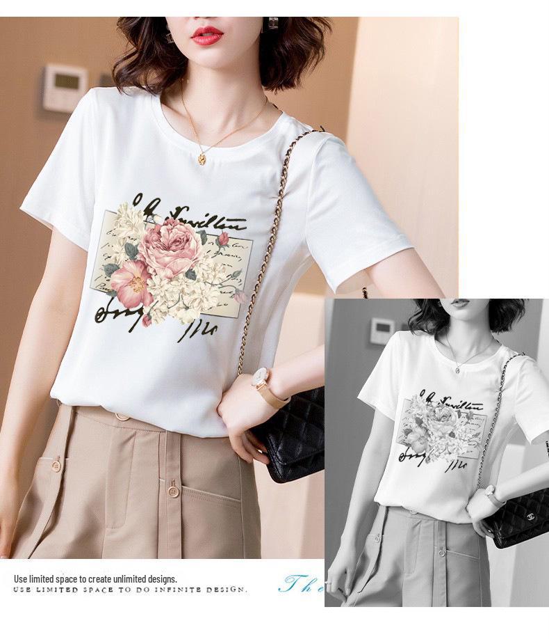 Women's White Silk-Cotton Splicing T-Shirt: 2025 Summer Loose-Fit Korean Style with Mulberry Silk and Short Sleeves, Printed Design.
