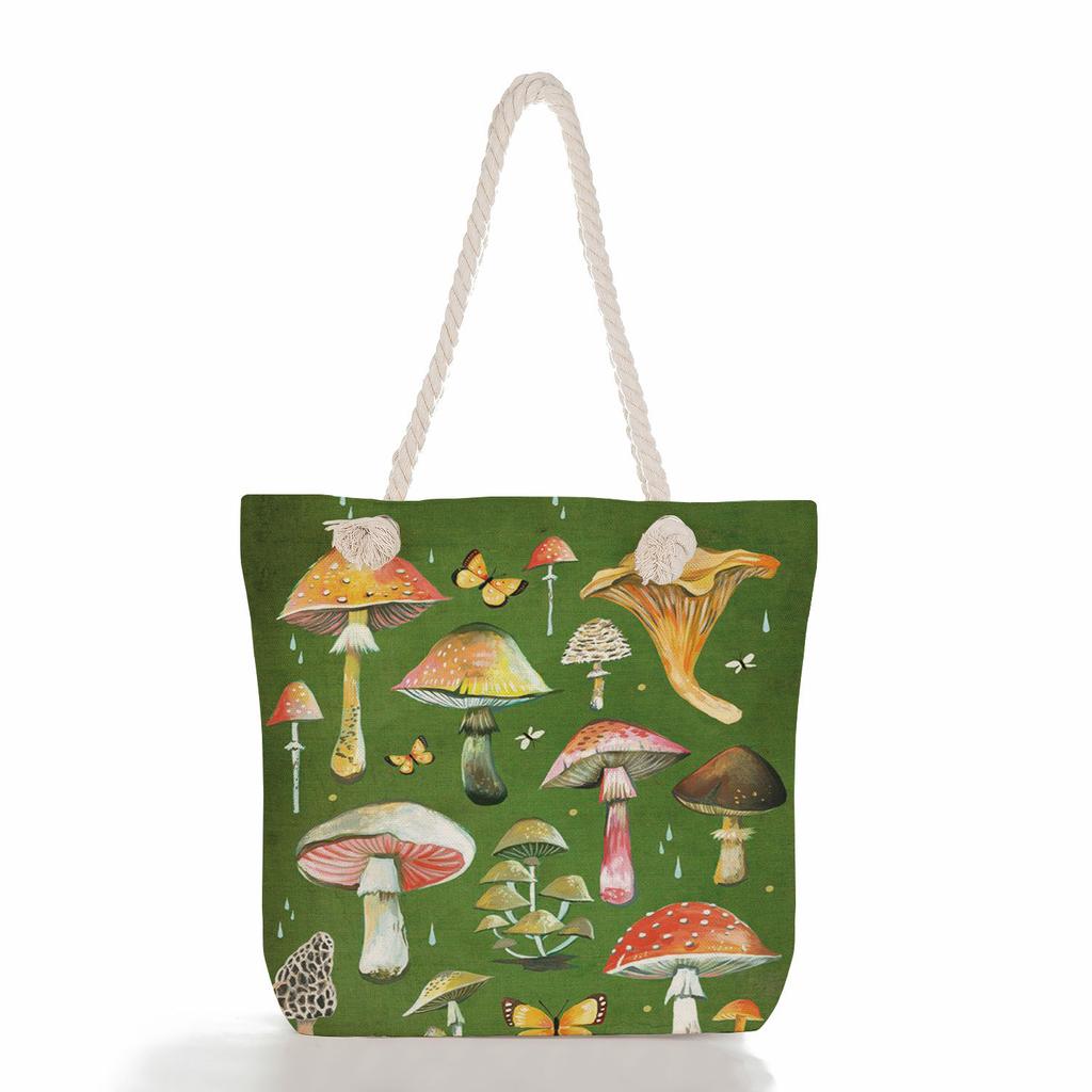 Multifunctional Mushroom Butterfly Printed Thick Rope Shoulder Beach Bag Casual large capacity handbag 7616