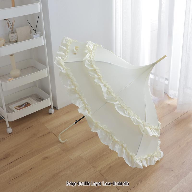 Lolita Lace Pagoda Princess Parasol - Elegant Wedding Umbrella with Long Handle, Goddess Sunshade, Cute Lolita Design, Sun Protection.