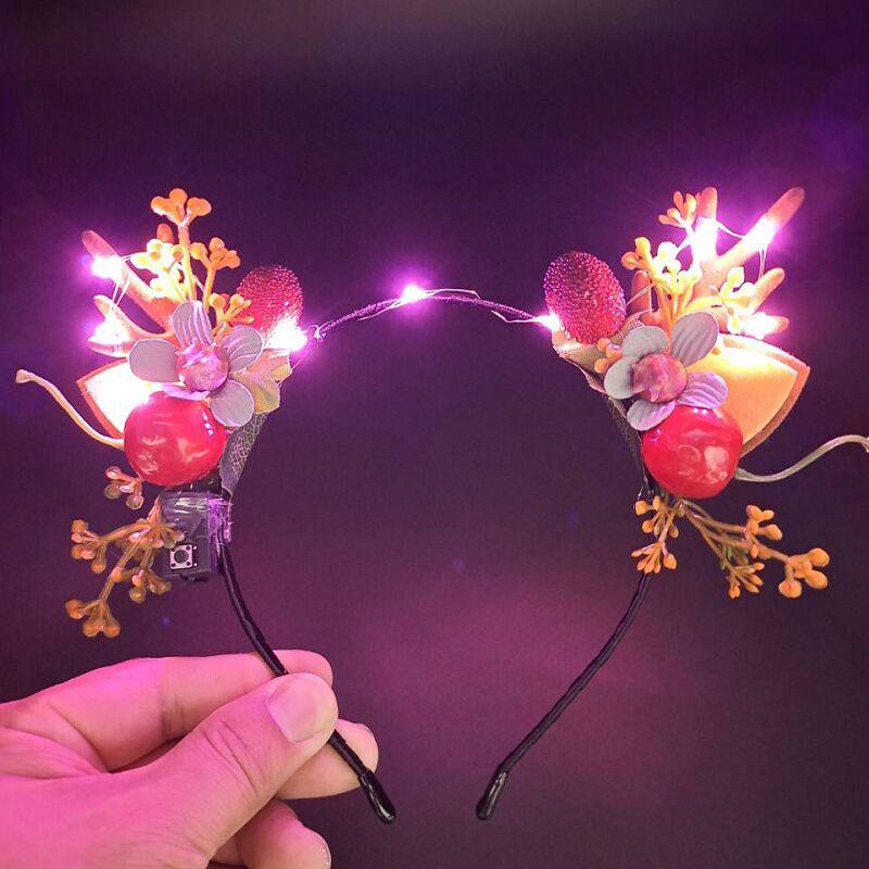 Luminous Reindeer Berry Antler Headband with Cat Ears - Christmas Accessory