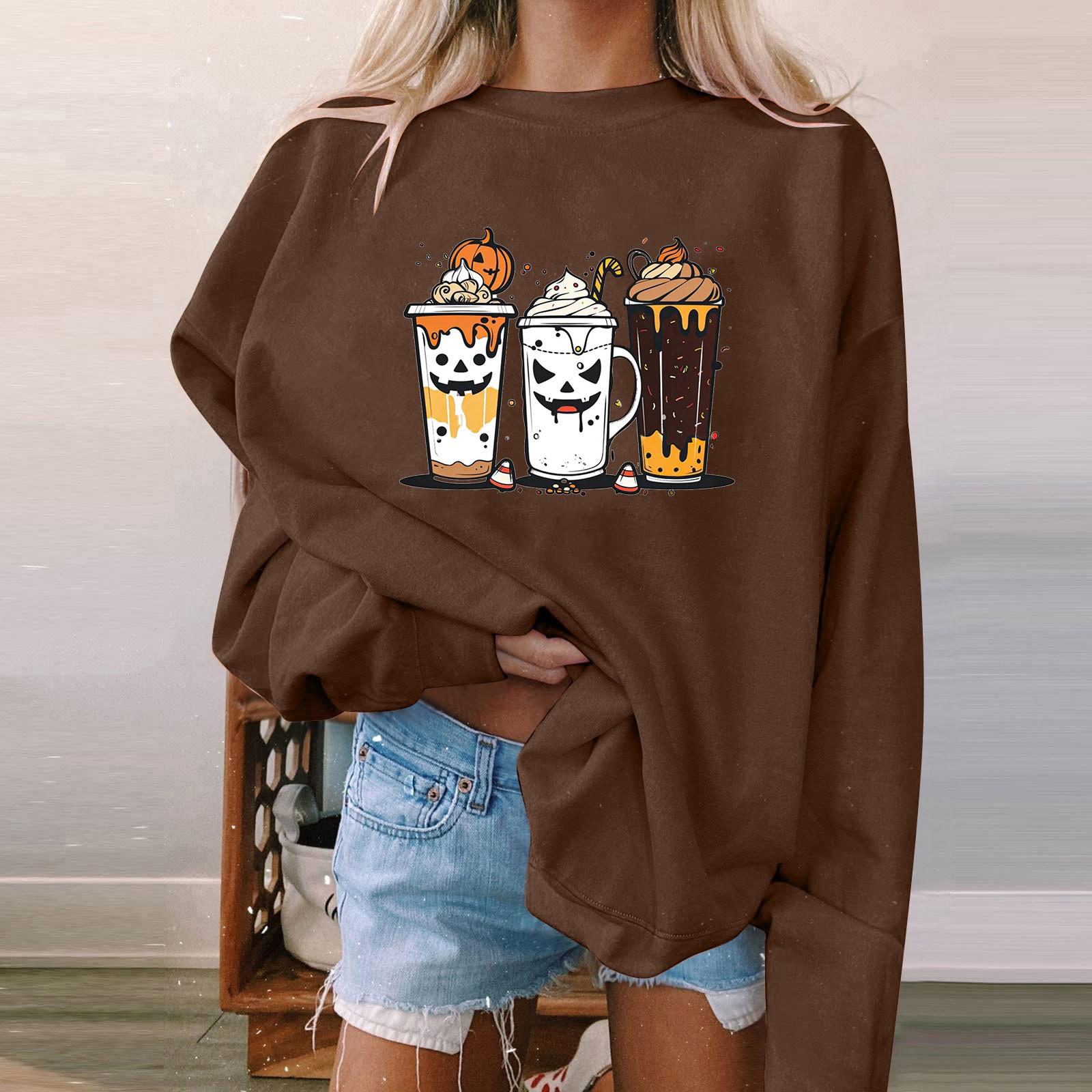 

Женская мода, повседневный пуловер с длинными рукавами и капюшоном, толстовка с принтом на Хэллоуин M коричневый