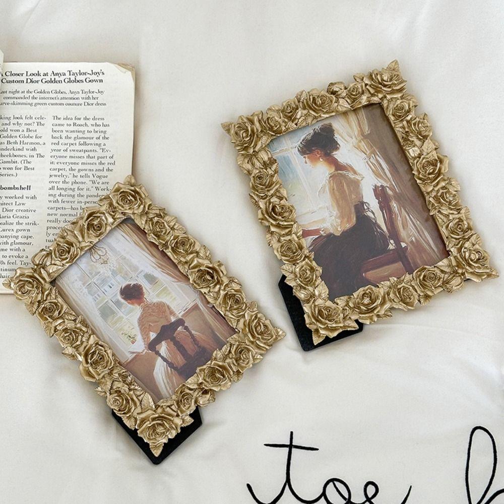Resin Rose Edged Picture Frame Rectangular European Style Retro Gold Photo Frame Romantic 5/6/7 Inch Photo Props Frame Ornaments