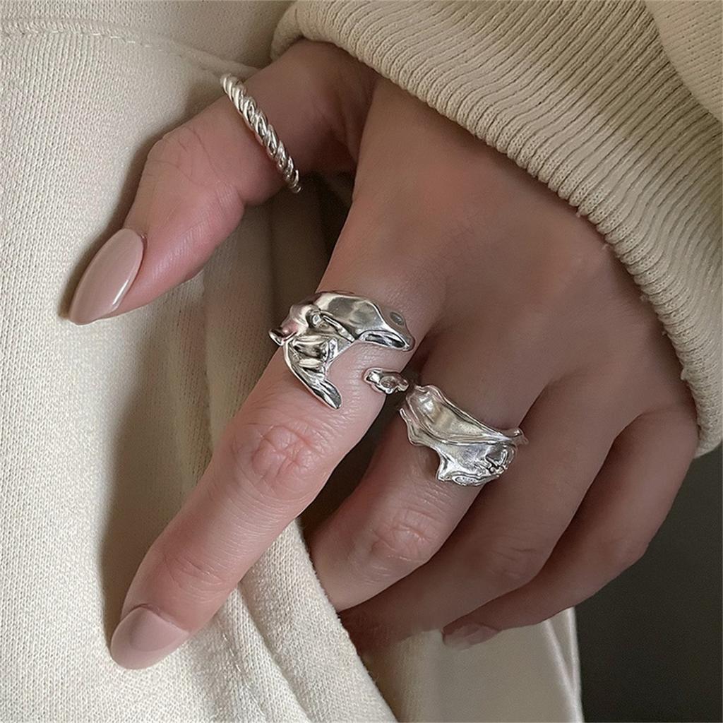 INS Minimalist Silver Color Irregular Wrinkled Surface Finger Rings Creative Geometric Punk Opening Ring for Women Girls Jewelry