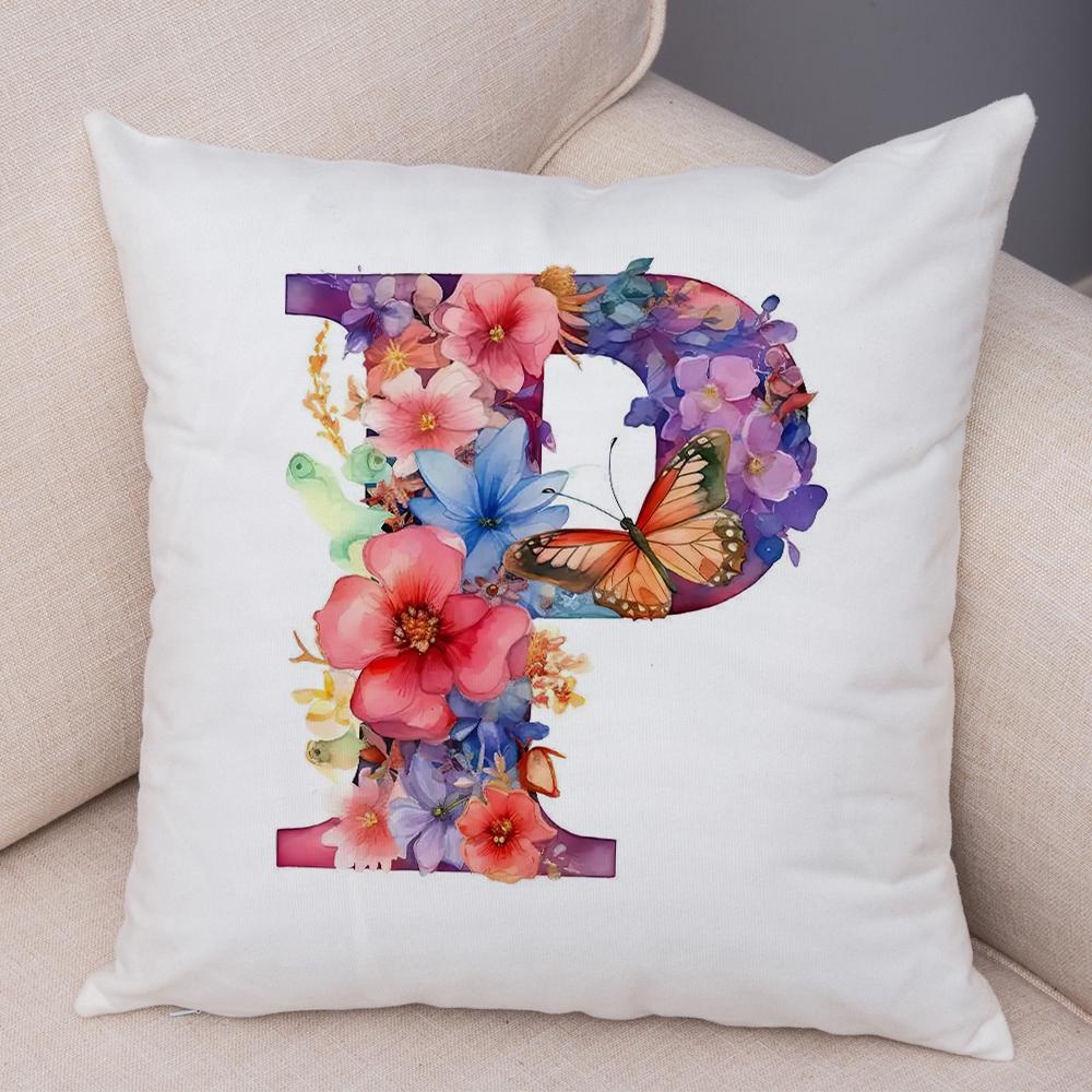 Floral Letter J Pillowcase Double Print Watercolor Letter U Cushion Cover Soft Plush Flower Letter D Pillowcase for Sofa Home