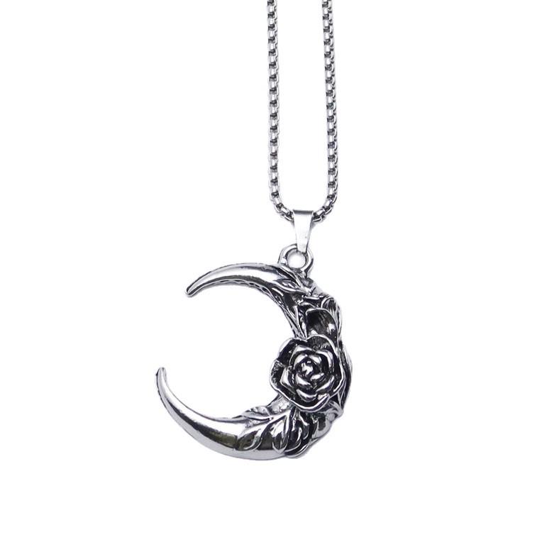 Gothic Rose Moon Necklace: Unisex Vintage Dark High Street Pendant, Romantic & Trendy for Couples