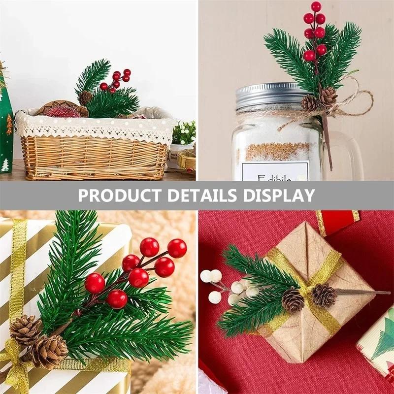 10Pcs Artificial Christmas Pine Needles Simulation Pine Cone with Holly Branches Xmas Gifts Home Party Decoration Flower Crafts