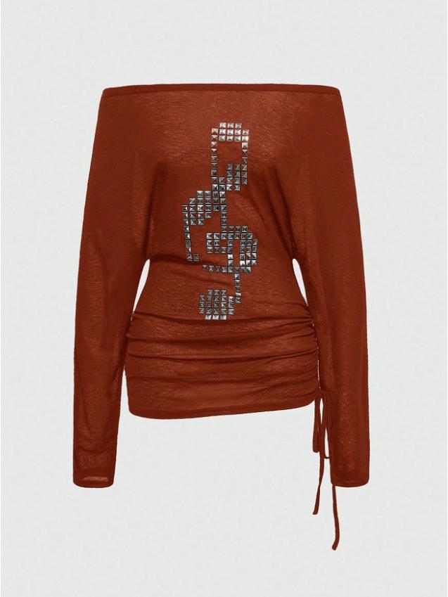 Autumn/Winter Slim Fit Ribbed Long Sleeve Top with Letter Print for Women