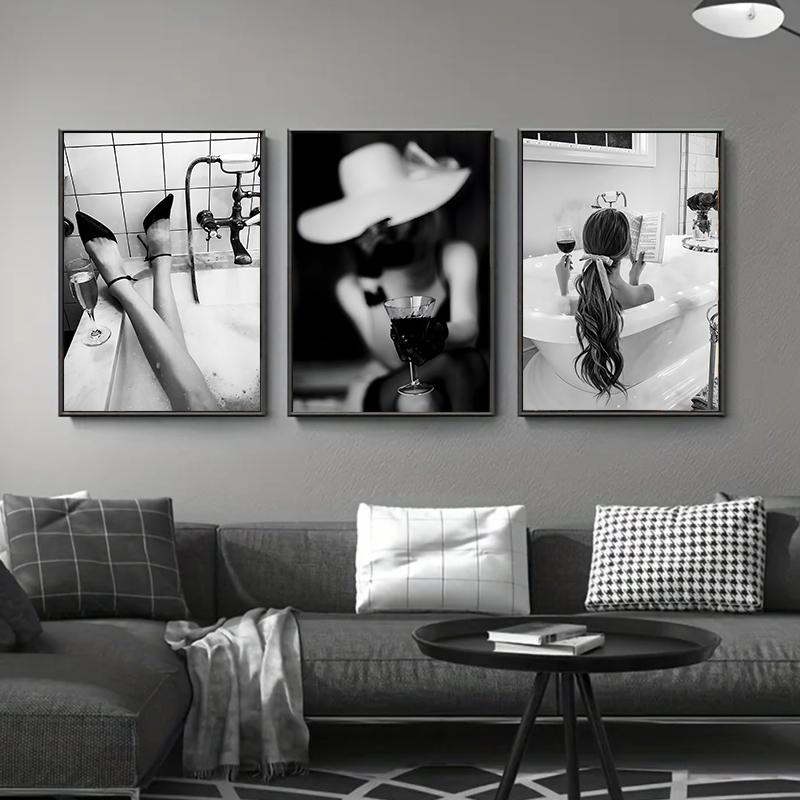 Black and White Girls Bathroom Decor Woman In Bathtub Print Poster Canvas Painting Wall Art for Toilet Fashion Home Decoration