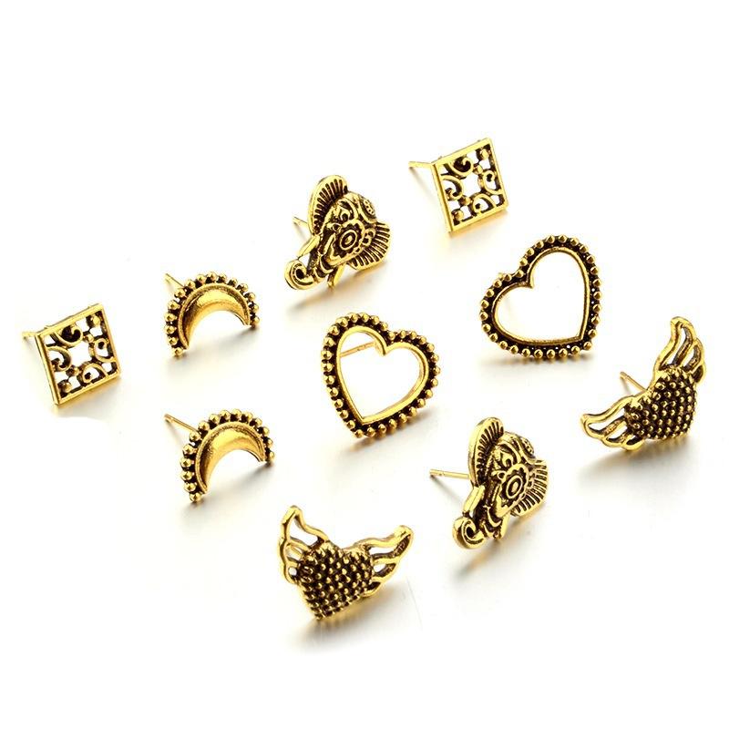 10pcs/5pair Love Wings Elephant Moon Fashion Set Earrings  Earrings Earrings Europe and America Jewe