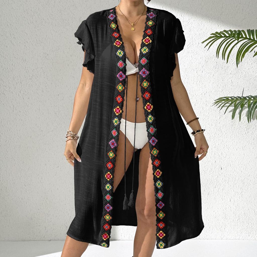 Women's Beach Bikini Top with Sun Protection Jacket, Imitation Hook Lace Patchwork Ruffled Edge Strapless Cardigan