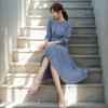 Blue Beryl Long Pleated Chiffon Dress with Long Urban Elegant and [Original Color] Women's Sleeves, Style, Casual, Blue, BB054-BL-M