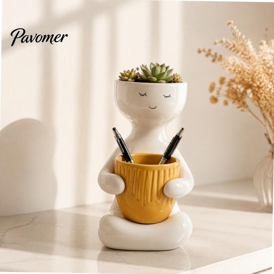 Cute Zen Home Decor Smiling Face Plant Pot, Double Planting Space Planter, Resin Desktop Flower Holder Sitting Figure Flowerpot for Succulents, Office