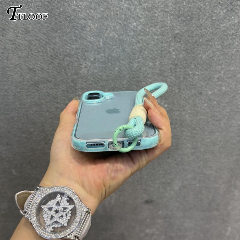 2in1 Clear With Wrist Strap lanyard Phone Case For iPhone 11 12 13 14 15 16 Pro Max Plus Shockproof Bumber Soft TPU Cover