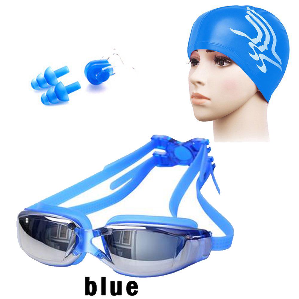 Shenyu Anti-Fog HD Swim Goggles Set: Includes Electroplated Goggles, Silicone Nose Clip, Earplugs, and PU Swim Cap.