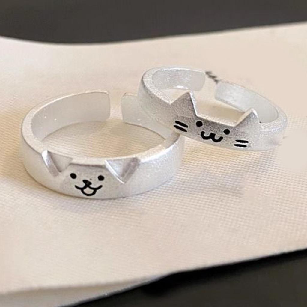 2pcs Adjustable Cute Cats and Dog Cartoon Ring for Women Adjustable Size Friendship Ring Fashion Engagement Jewelry