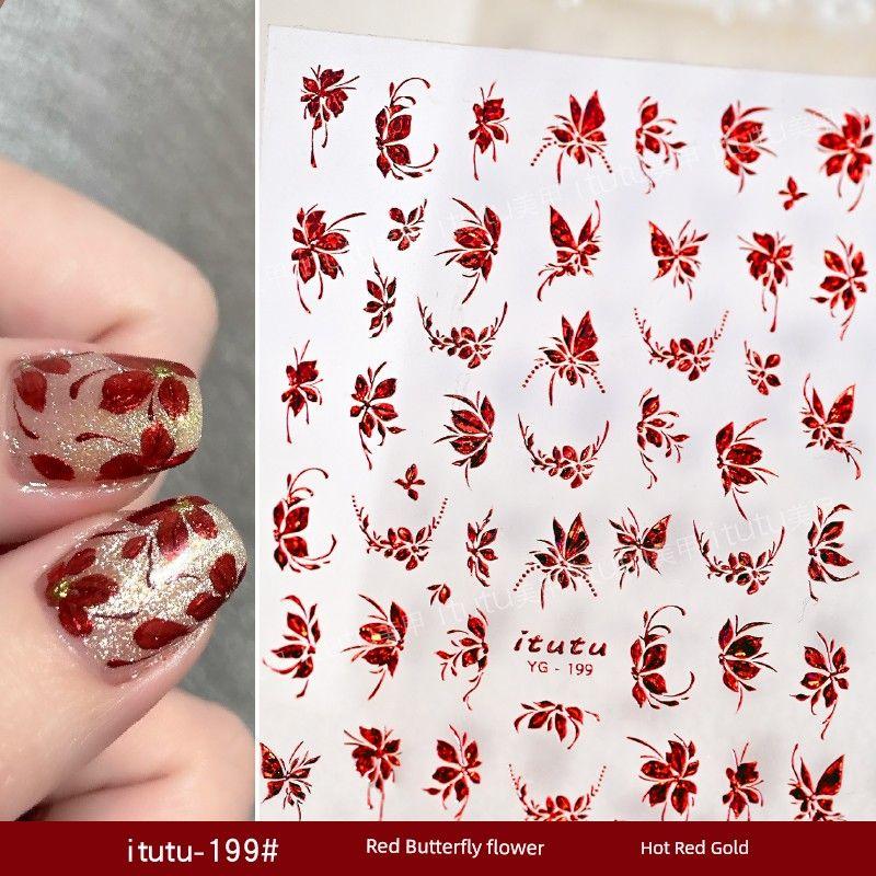

New Arrival Hot Hongjin Love of Butterfly Nail Sticker Micro Relief Retro Flower Butterfly Small Pattern Adhesive Nail Sticker itutu-199# Red Butterfly Love flower hot red gold