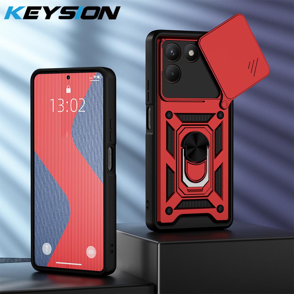 KEYSION Shockproof Armor Case for TECNO POVA 7 4G Slide Camera Lens Protection Metal Ring Stand Phone Back Cover for TECNO Pova7
