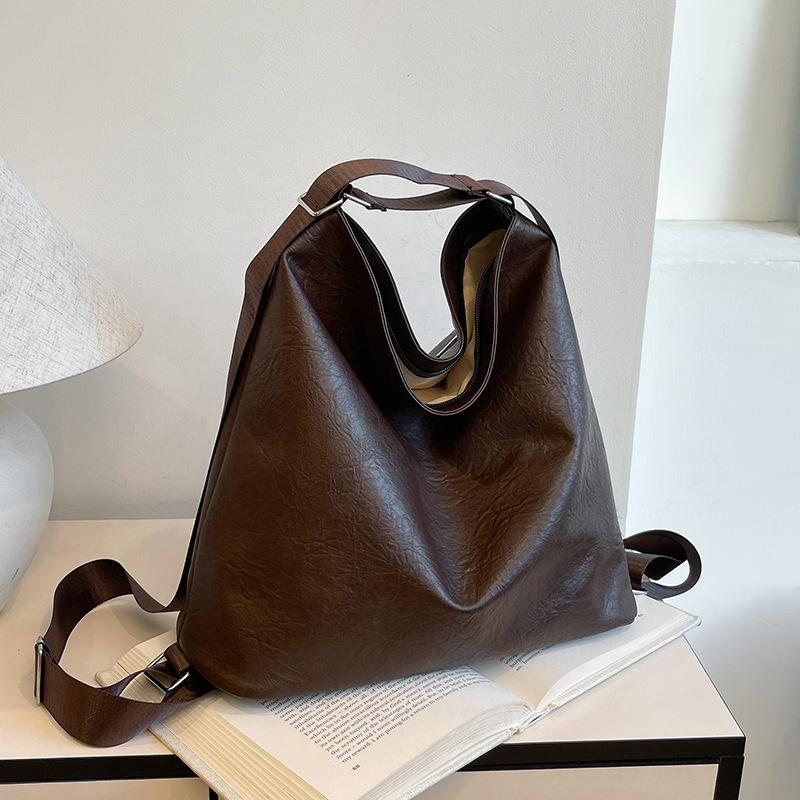 Textured Oily Skin Large Capacity Lazy Wind Soft Surface Solid Color Retro Casual Commuting Single Shoulder Underarm Tote Bag Women