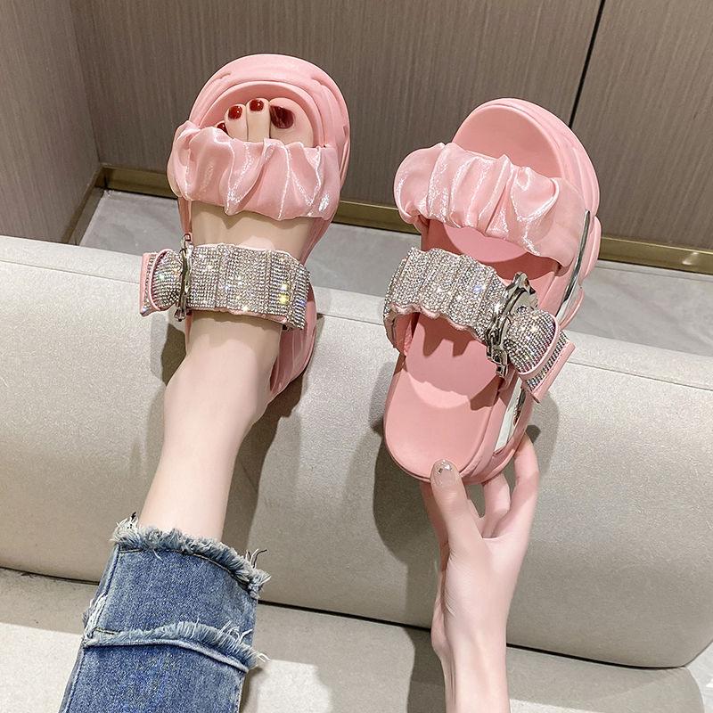 Fashion European Rhinestone Buckle Thick Bottom Higher Slope Heel Sponge Cake Casual Women's Summer New High Heel Sandals Slippers