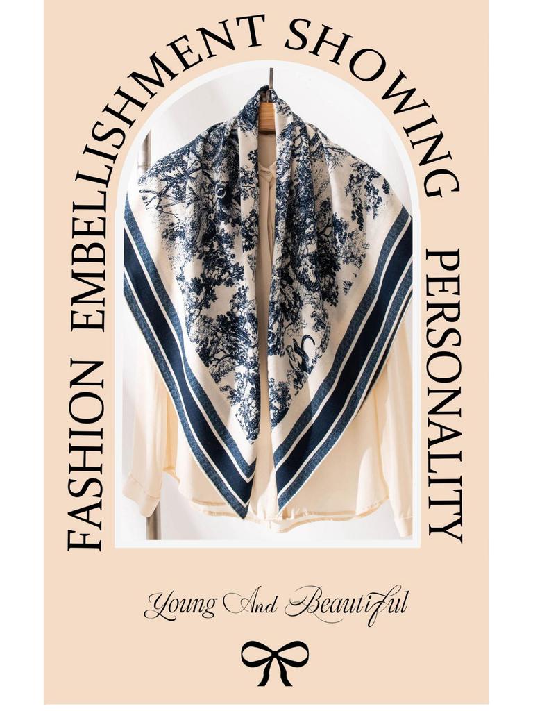 Retro Blue & White Silk Wool Double-Sided Scarf - Elegant Large Square for Autumn/Winter