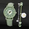 2PCs/Set Fashion Women's Watch Round Flower Dial Leather Strap Quartz Watch with Green Flower Bracelet